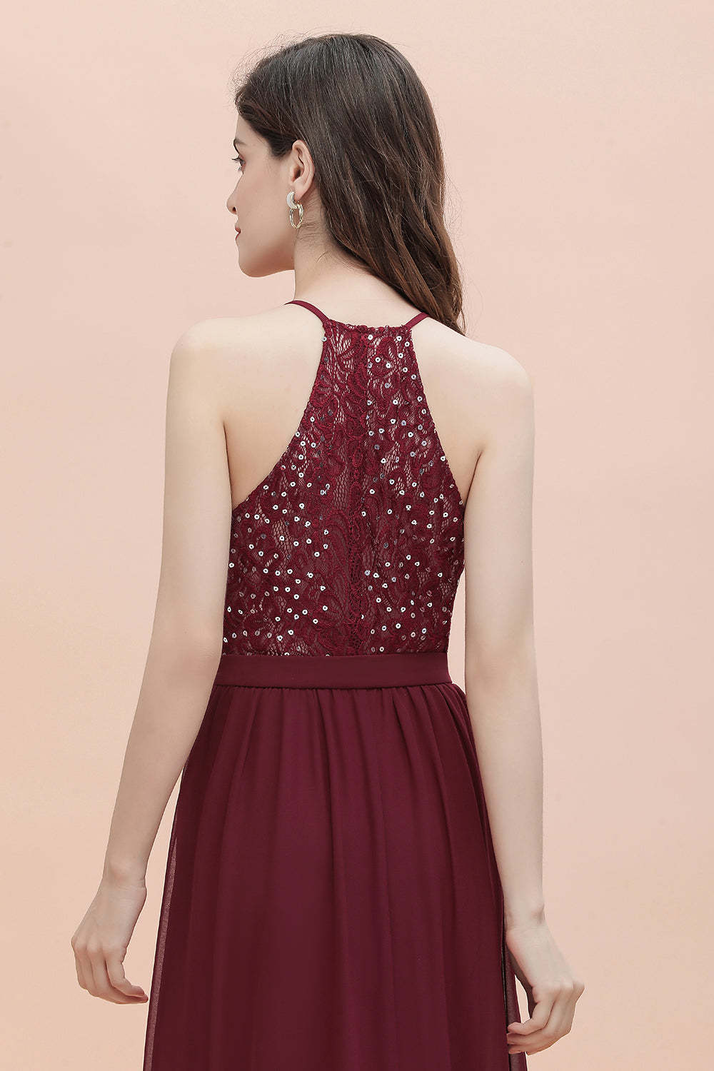 Chicloth A-Line Lace Burgundy Bridesmaid Dress Lace Sequins Sleeveless Evening Dress