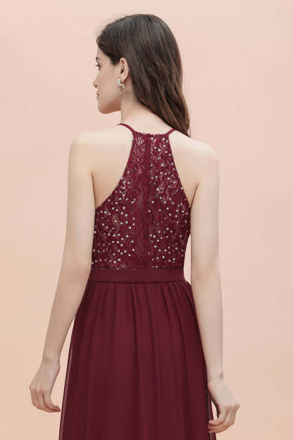 Chicloth A-Line Lace Burgundy Bridesmaid Dress Lace Sequins Sleeveless Evening Dress