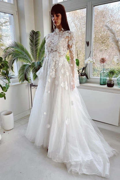 Chicloth High Neck Long Sleeves Wedding Dress Princess With Appliques