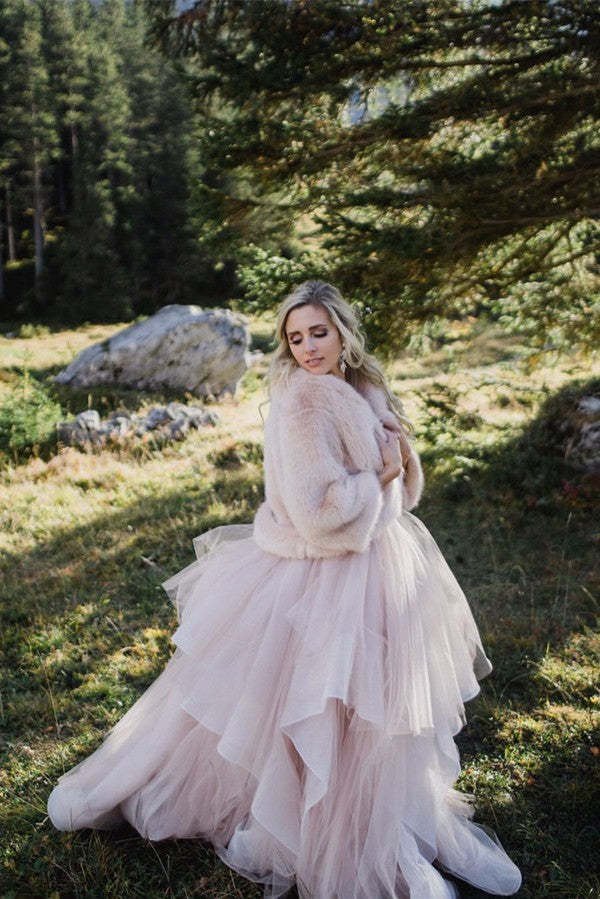 Chicloth Pink Spaghetti-Straps Wedding Dress Tulle Backless Long