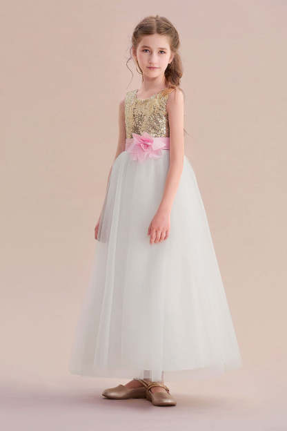 Chicloth A-Line Sequins Tulle High-waisted Flower Girl Dress On Sale