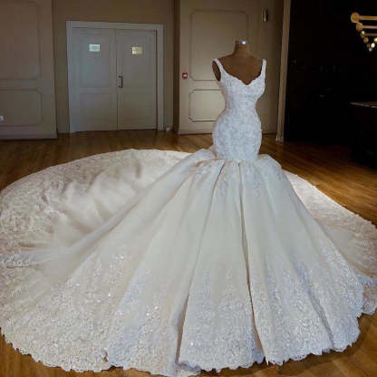 Chicloth Gorgeous Straps White Mermaid Wedding Dresses Satin Ruffles Bridal Gowns With Appliques Online