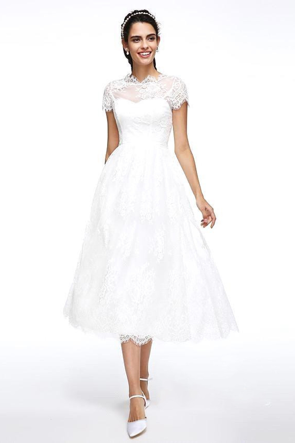 A-Line Wedding Dresses Jewel Neck Tea Length Lace Short Sleeve Simple Casual Illusion Backless