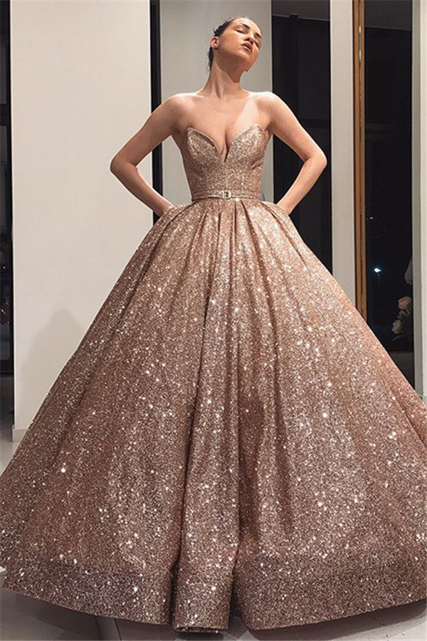 Chicloth Sweetheart Ball Gown Sequins Prom Dress Long Evening Party Gowns