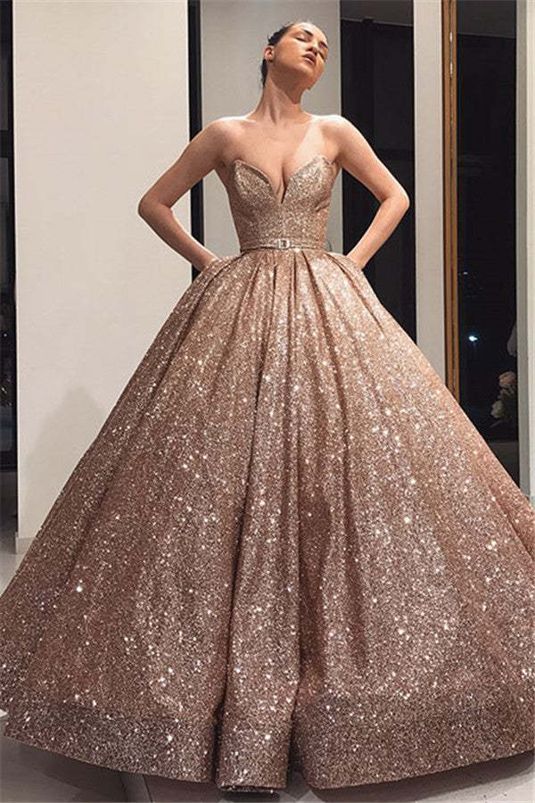 Chicloth Sweetheart Ball Gown Sequins Prom Dress Long Evening Party Gowns