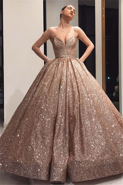 Chicloth Sweetheart Ball Gown Sequins Prom Dress Long Evening Party Gowns