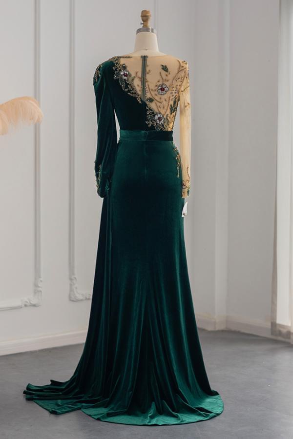 Chicloth Long Sleeves Mermaid Evening Dresses Dark Green With Crystals