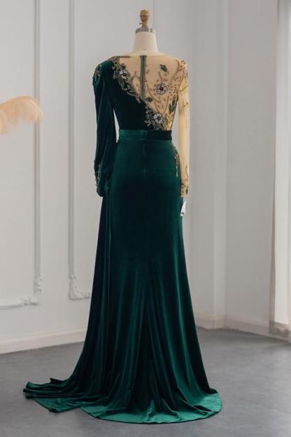 Chicloth Long Sleeves Mermaid Evening Dresses Dark Green With Crystals