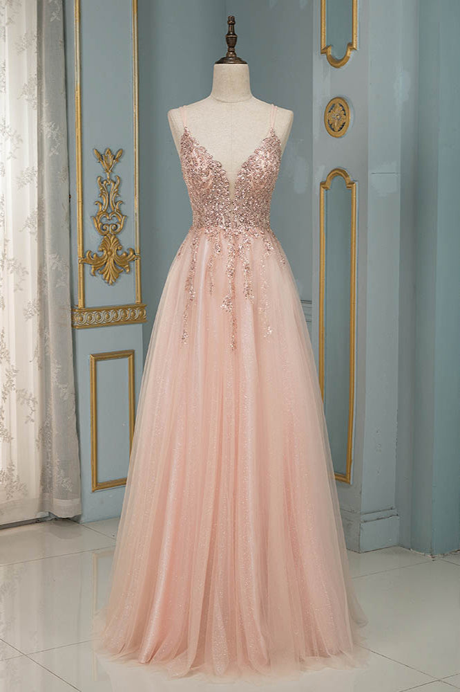 Chicloth Elegant Tulle Spaghetti Strap V-Neck Pink Prom Dress with Beading Appliques