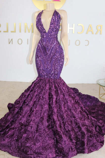 Chicloth Purple Mermaid Prom Dress V-Neck Sleeveless With Flowers