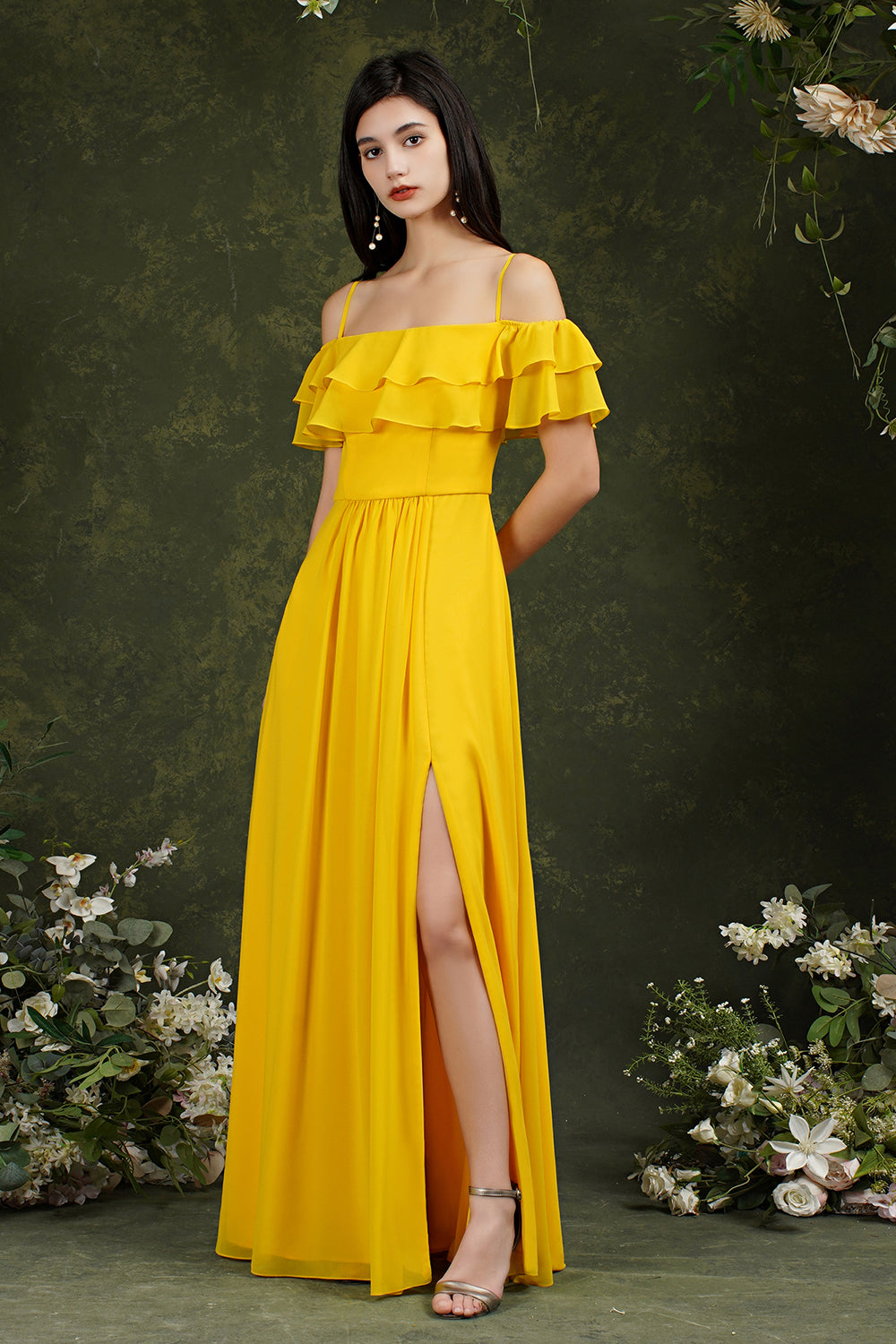 Chicloth Off-the-Shoulder Bridesmaid Dress Ruffles With Slit