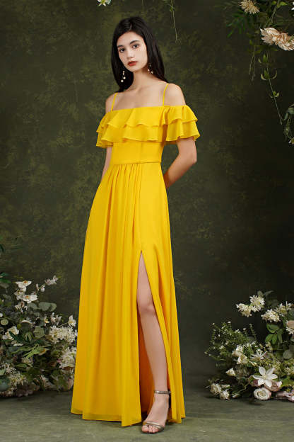 Chicloth Off-the-Shoulder Bridesmaid Dress Ruffles With Slit