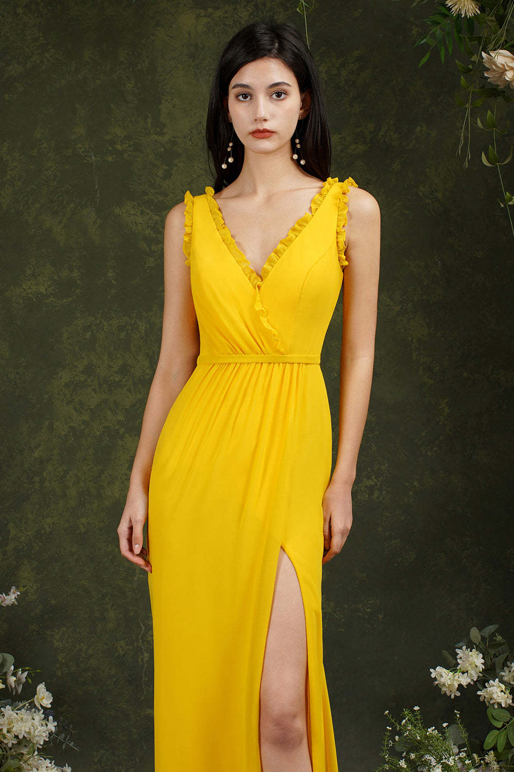 Chicloth V-Neck Bridesmaid Dress Chiffon With Slit