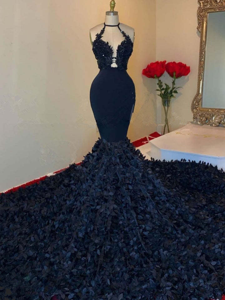 Chicloth Dark Navy Prom Dress Mermaid Sleeveless With Appliques