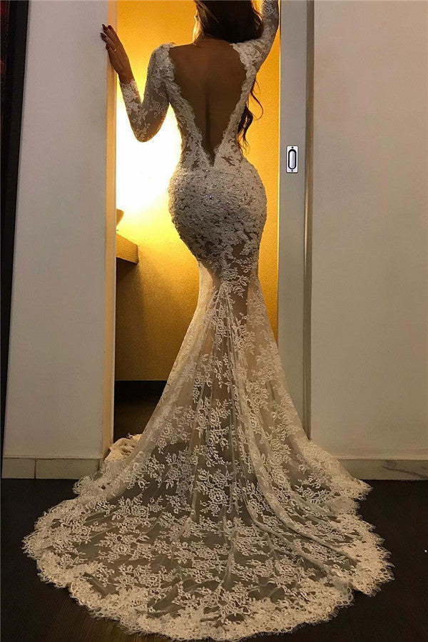 Chicloth Long Sleeves Lace Appliques Prom Dress Mermaid With Split