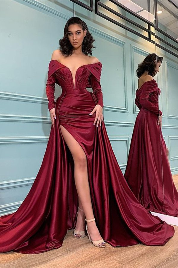 Chicloth Burgundy Long Sleeve Prom Dress Split Off-the-Shoulder Party Gowns