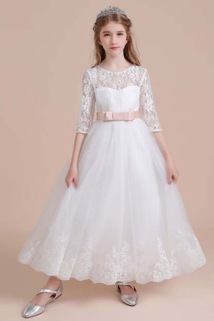 Chicloth A-Line Illusion Lace Tulle Ankle Length Flower Girl Dress On Sale