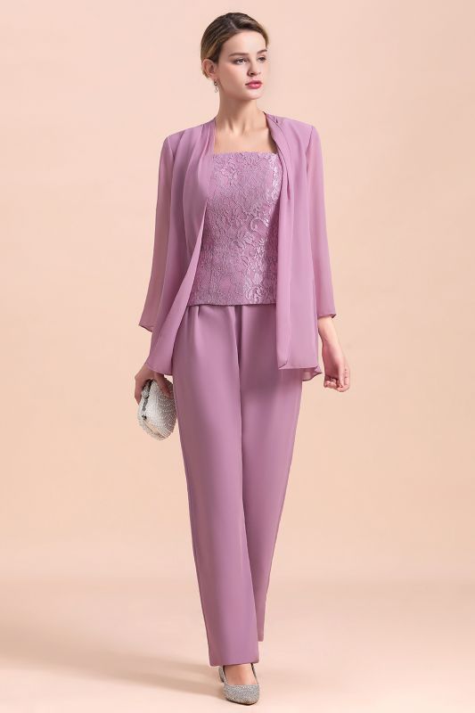 Chiffon 3 Pieces Mother of the Bride Dress Scoop Neck Floral Lace Lilac Jumpsuit Wedding Guest Dress