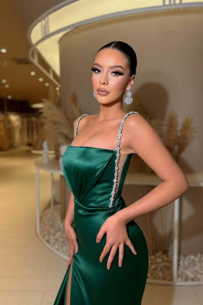 Chicloth Dark Green Prom Dress Straps Mermaid Long With Slit