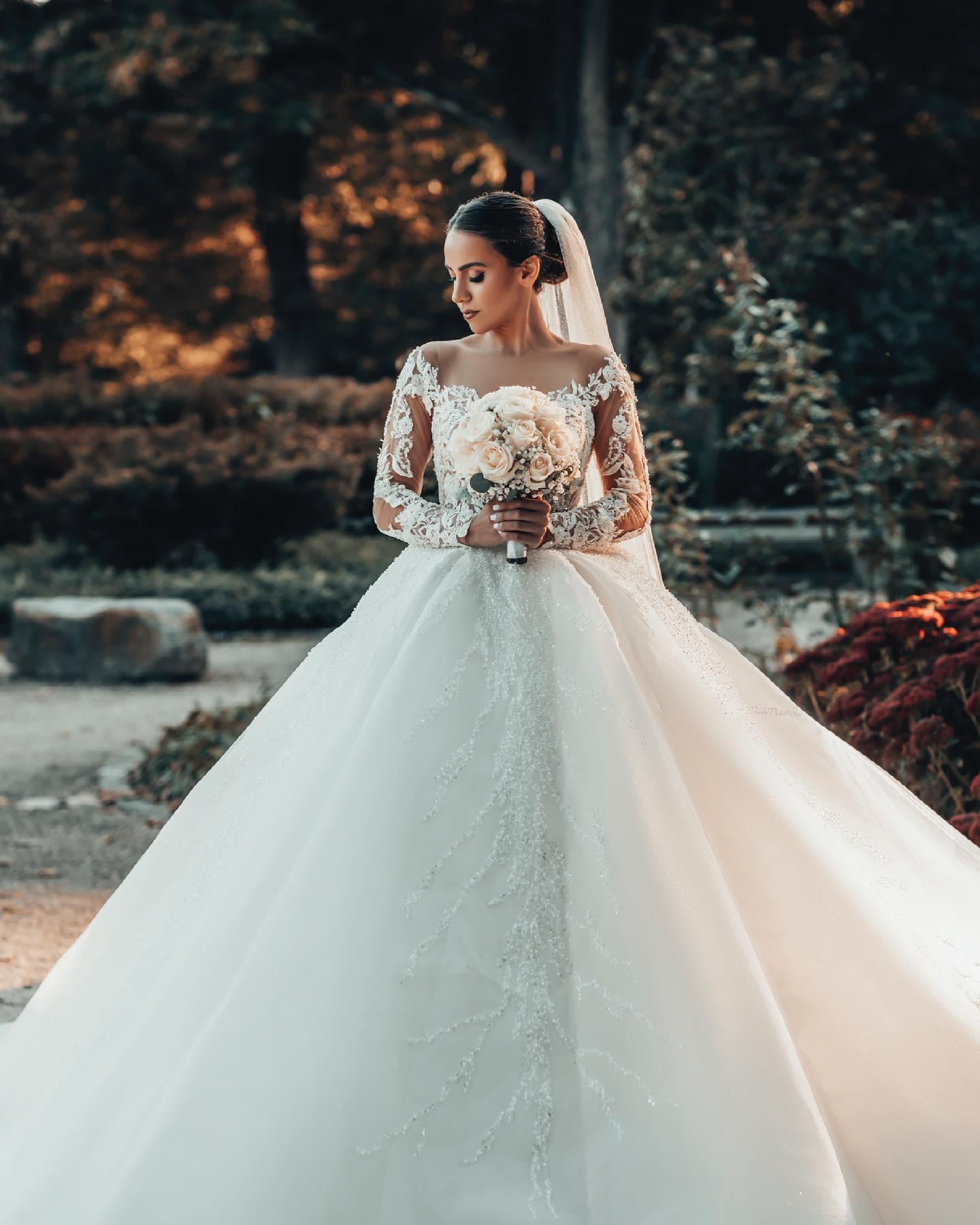 Chicloth Long Sleeves Ball Gown Wedding Dress V-Neck Tulle With Lace Beads