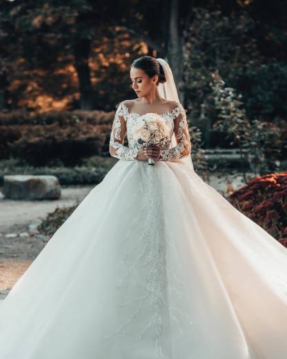 Chicloth Long Sleeves Ball Gown Wedding Dress V-Neck Tulle With Lace Beads