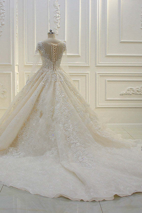 Chicloth Luxury Ball Gown Jewel Tulle Wedding  Dress Long Sleeves Lace Applqiues Beadings Bridal Gowns On Sale