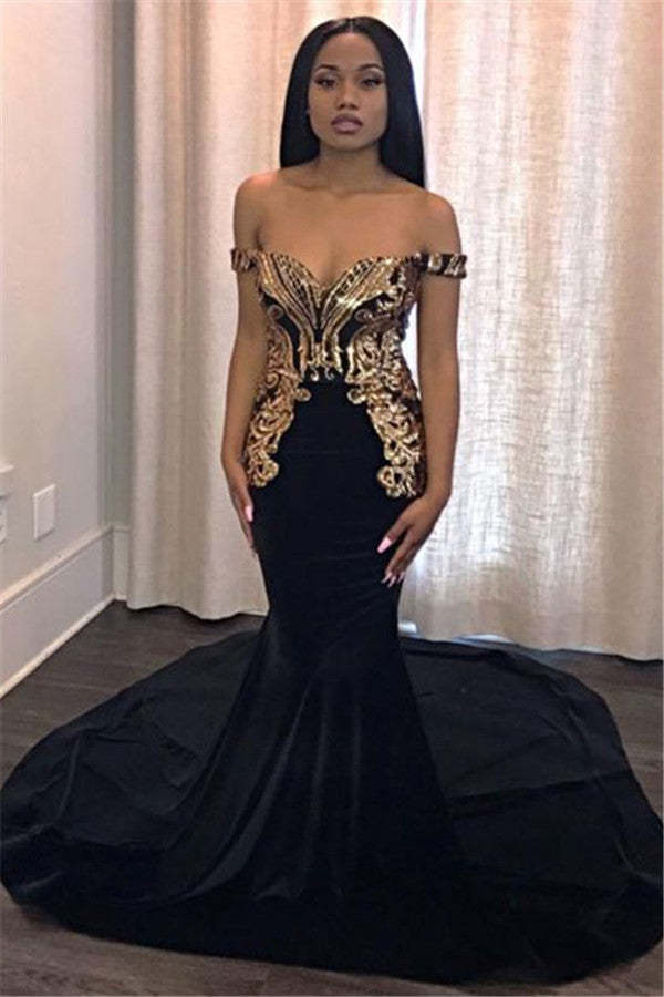 Chicloth Off-the-Shoulder Mermaid Black Prom Dress With Gold Appliques