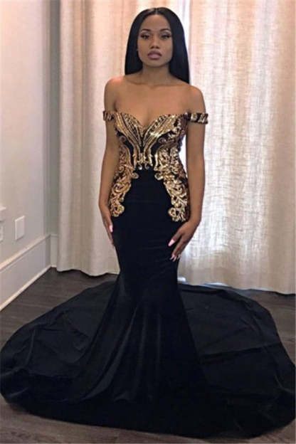 Chicloth Off-the-Shoulder Mermaid Black Prom Dress With Gold Appliques
