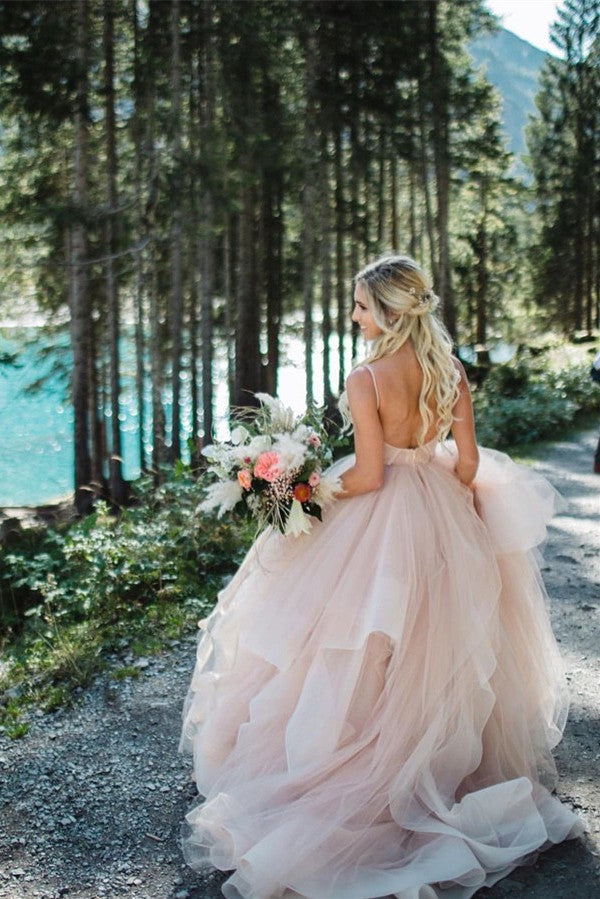 Chicloth Pink Spaghetti-Straps Wedding Dress Tulle Backless Long