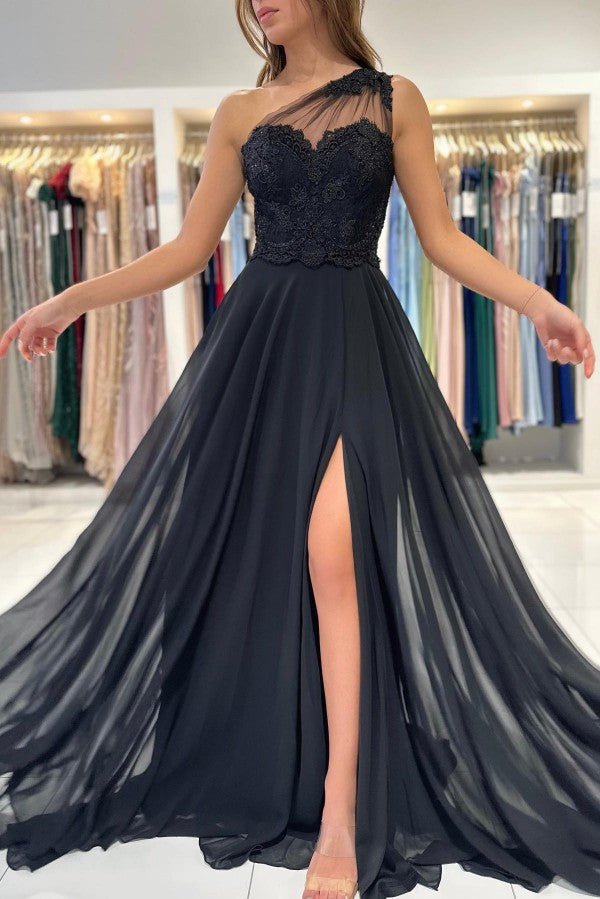 Chicloth One Shoulder Black Prom Dress A-Line With Lace