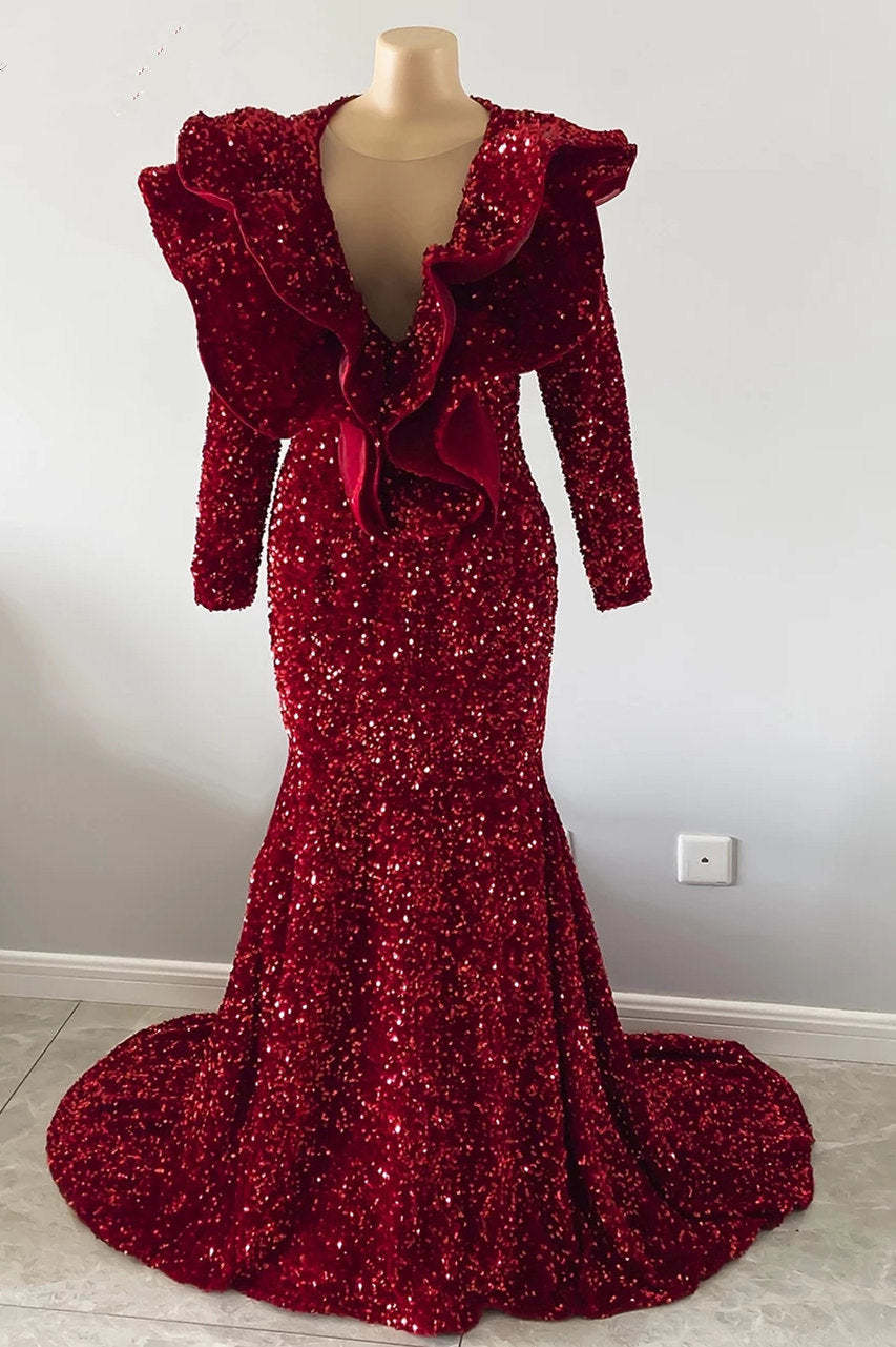 Chicloth Burgundy Prom Dress Mermaid V-Neck With Ruffle