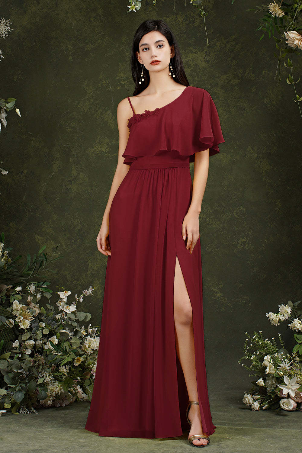 Chicloth One Shoulder Ruffles Bridesmaid Dress Long With Slit