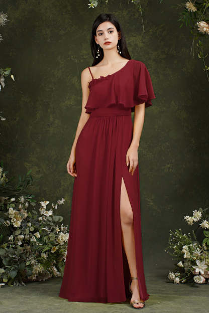 Chicloth One Shoulder Ruffles Bridesmaid Dress Long With Slit