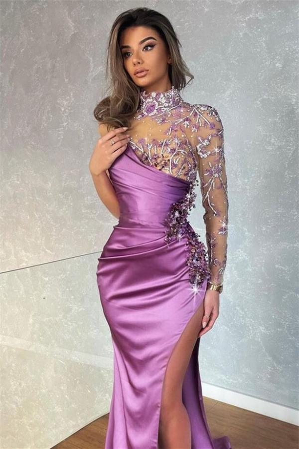 High Neck Lavender Long Sleeve Mermaid Prom Dress with Sexy Split