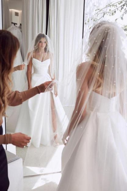 Chicloth White Pure Satin Sweetheart Wedding Dress Long With Split
