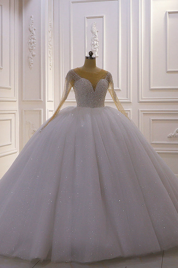 Chicloth Sparkly Ball Gown Tulle Wedding Dress Jewel Sequined Beadings Long Sleeves Bridal Gowns On Sale