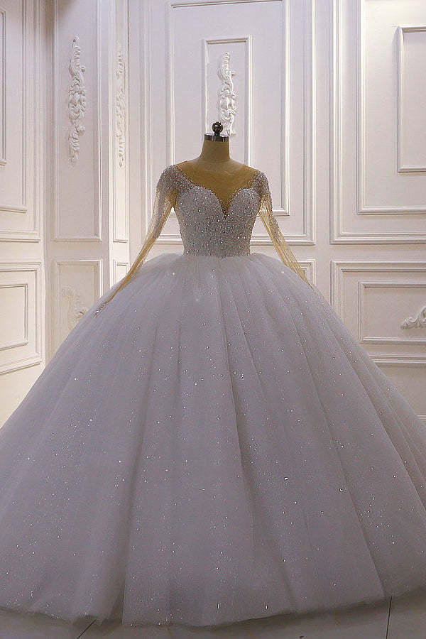 Chicloth Sparkly Ball Gown Tulle Wedding Dress Jewel Sequined Beadings Long Sleeves Bridal Gowns On Sale