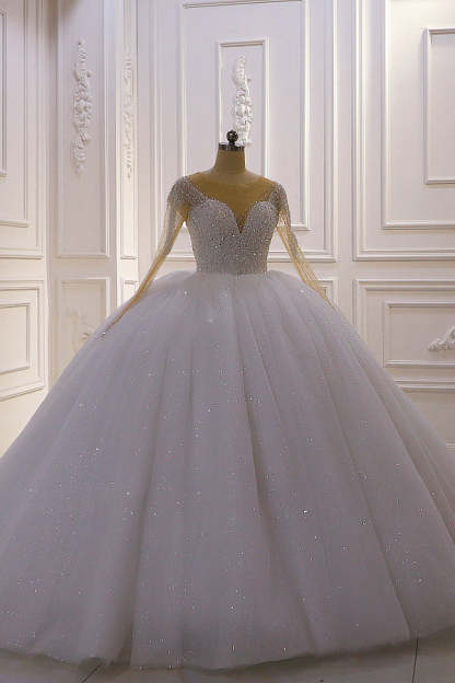 Chicloth Sparkly Ball Gown Tulle Wedding Dress Jewel Sequined Beadings Long Sleeves Bridal Gowns On Sale