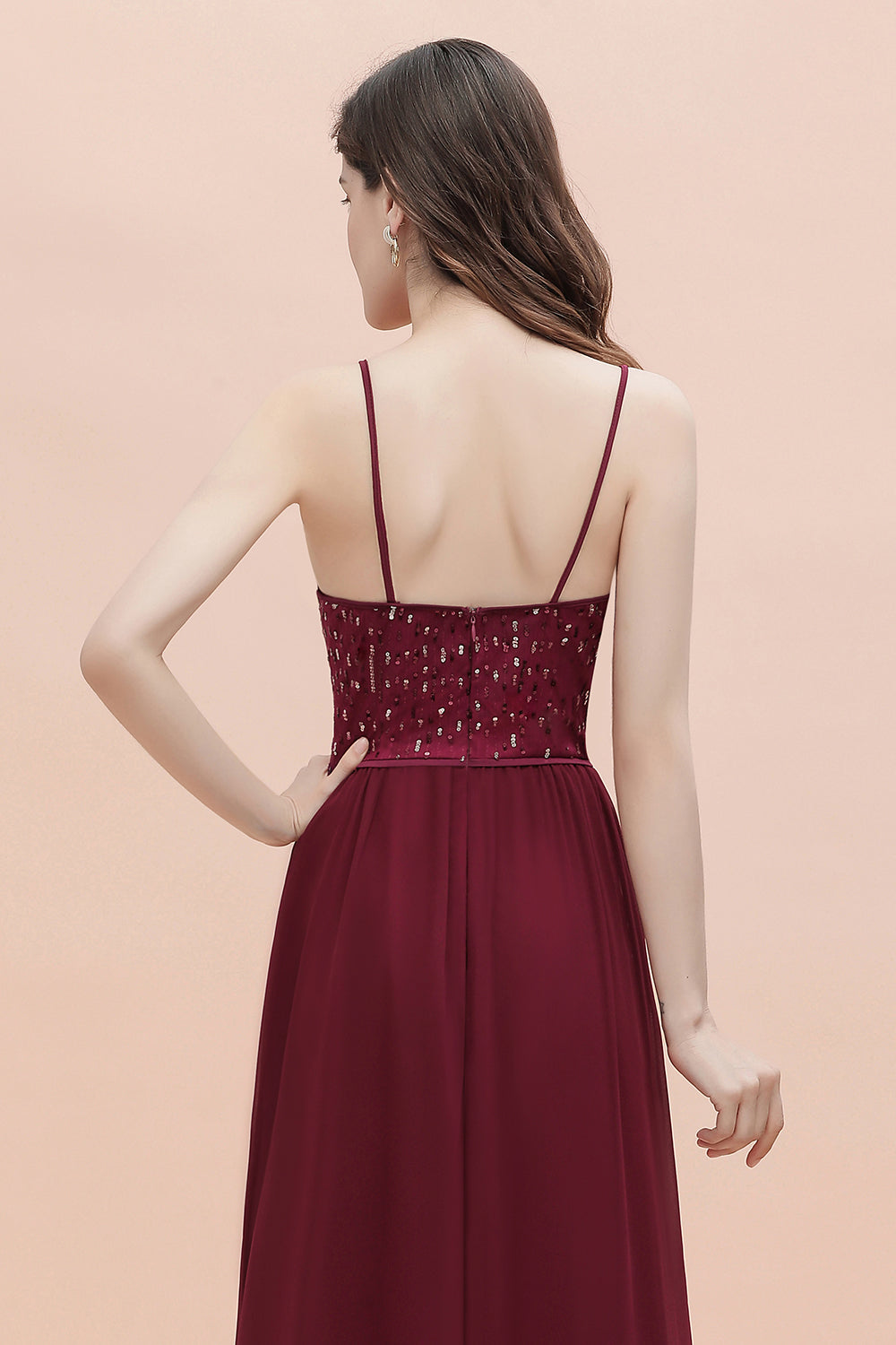Chicloth Fabulous A-line Burgundy Chiffon Bridesmaid Dress V-Neck Spaghetti Straps Sequins Evening Dress