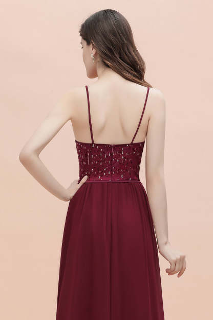 Chicloth Fabulous A-line Burgundy Chiffon Bridesmaid Dress V-Neck Spaghetti Straps Sequins Evening Dress