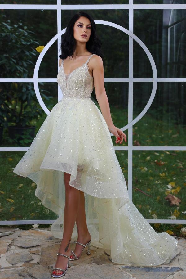 Sparkly Yellow Spaghetti Straps Hi-Lo Cocktail Party Dress Prom Gown