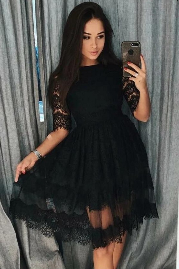 Black Half Sleeves Lace Daily Wear Short Dress