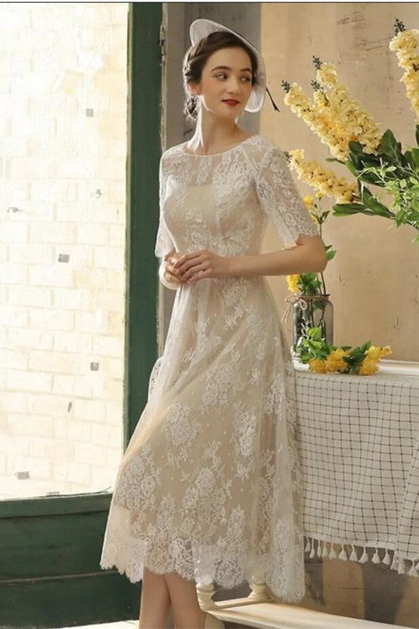 Chicloth Half Sleeves Wedding Dress Tea-Length Lace Appliques