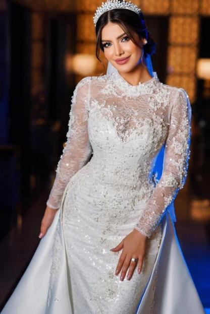 Chicloth Long Sleeves Overskirt Wedding Dress Mermaid High Neck Lace