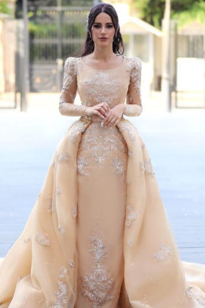 Long Sleeve Appliques Sheath Wedding Dresses | Detachable Lace Train Bridal Gowns
