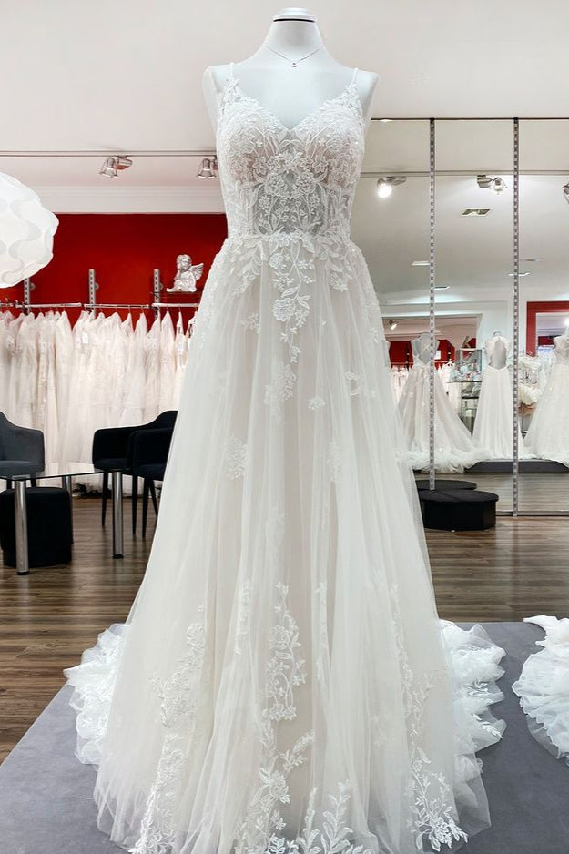 Chicloth Spaghetti Straps V Neck Tulle Ivory Lace A-Line Wedding Dresses