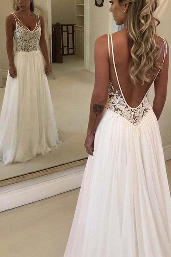 Chicloth Summer Beach Lace Wedding Dress V-Neck Chiffon Bridal Gown