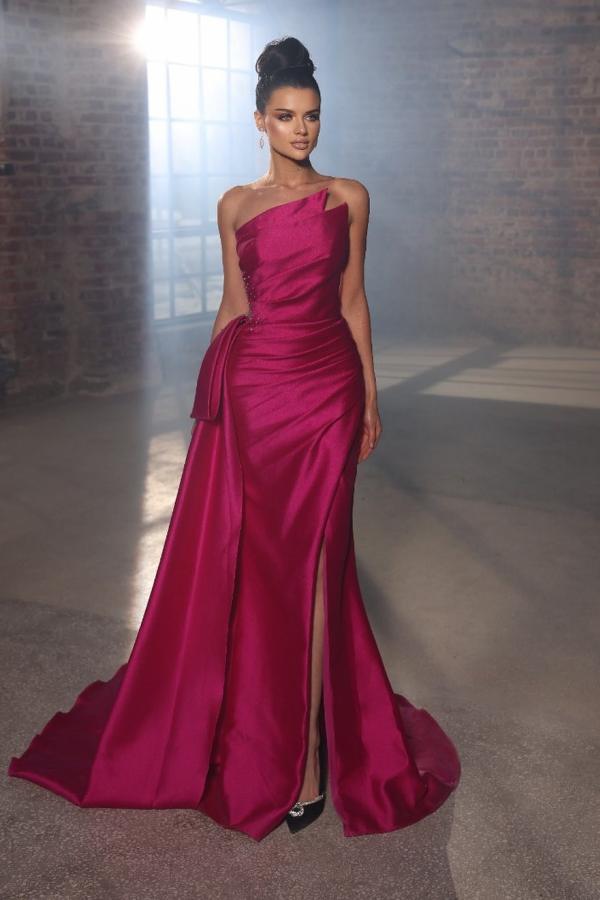 Rose Ruched Satin Side Split Evening Dress | Strapless Long Prom Dress