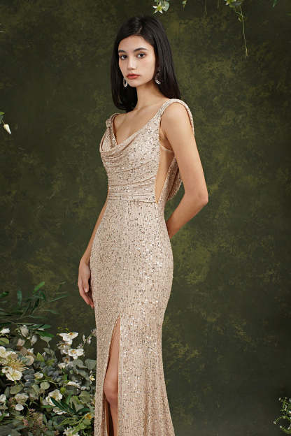 Chicloth Sequins Mermaid Bridesmaid Dress Split With Drop Back