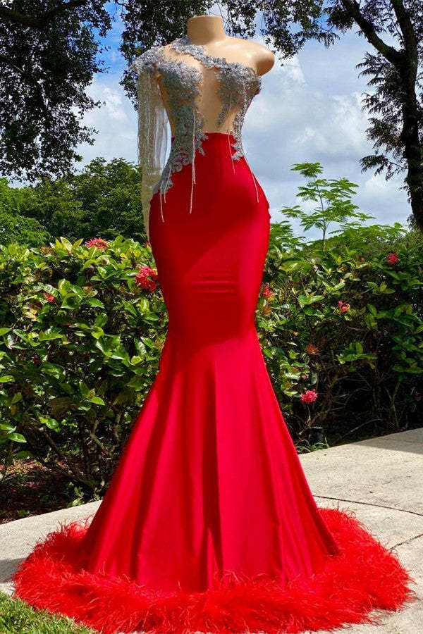 Chicloth Red Mermaid Prom Dress One Shoulder Long Sleeve With Feather